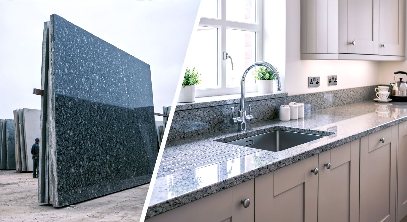 Objective: To visually represent the concept of a raw stone slab versus a finished, installed worktop, highlighting the "tailoring" aspect of fabrication. Prompt: A split image, professional studio photography style, with a clear dividing line down the centre. Left Side: A massive, unpolished, raw slab of natural granite (like "Star Galaxy" with its dark background and sparkling flecks) standing upright in a dusty, industrial slab yard. The slab is immense, showing its rough, untamed nature. A small, blurry figure (a person for scale) can be seen in the distance near other slabs. Right Side: A beautifully installed, gleaming kitchen worktop of the same granite material within a modern, clean, and warm British kitchen. The worktop features a sleek undermount sink and a perfectly finished edge profile. The kitchen setting should be inviting, with subtle British touches like a classic kettle or a teacup. Composition: The raw slab on the left should convey scale and raw material, while the finished worktop on the right should convey precision, beauty, and functional elegance. The dividing line should be sharp, emphasising the transformation. Lighting: Natural, bright, diffused light for both sides, accentuating the textures and colours of the stone. Mood: Contrast, transformation, professionalism, and the satisfying result of skilled craftsmanship.