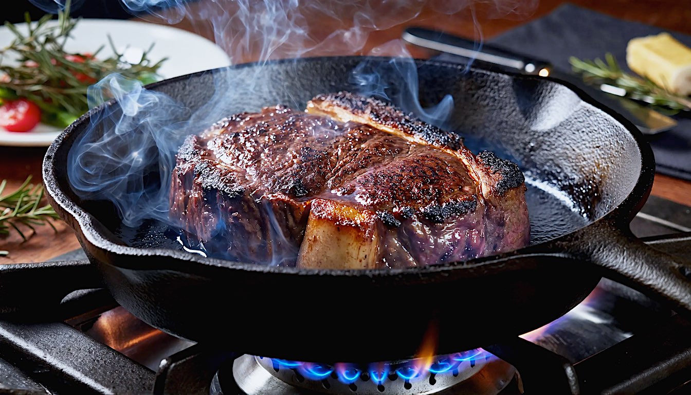 A hyper-realistic, cinematic close-up of a well-seasoned, black cast iron skillet sitting on a high-output gas burner. A thick ribeye steak is searing in the center, with visible white smoke and a deep, crusty brown sear developing. The lighting is moody and directional (Rembrandt style), highlighting the texture of the iron and the rendering fat. In the background, out of focus, a blurred UK-style modern kitchen counter with fresh thyme and a stick of butter. 8k resolution, macro photography style, metallic textures emphasized.