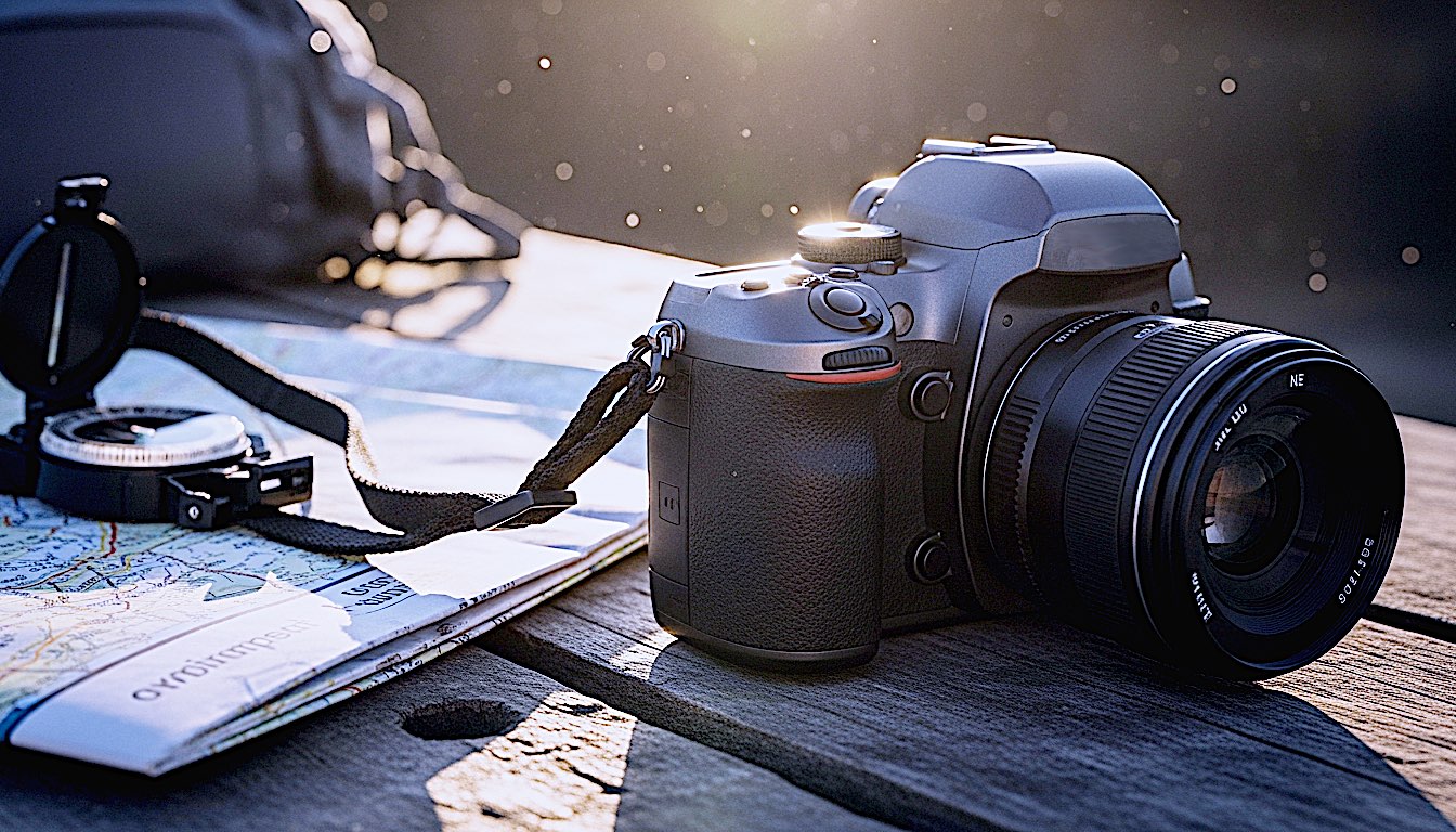 A hyper-realistic, cinematic photograph of a modern DSLR camera sitting on a weathered wooden workbench next to a hiking map and a compass. Golden hour sunlight hitting the metal chassis, highlighting the texture of the grip and the glass of the lens. Shallow depth of field, 85mm lens style, dust motes dancing in the light beam. High resolution, 8k, moody and technical atmosphere.
