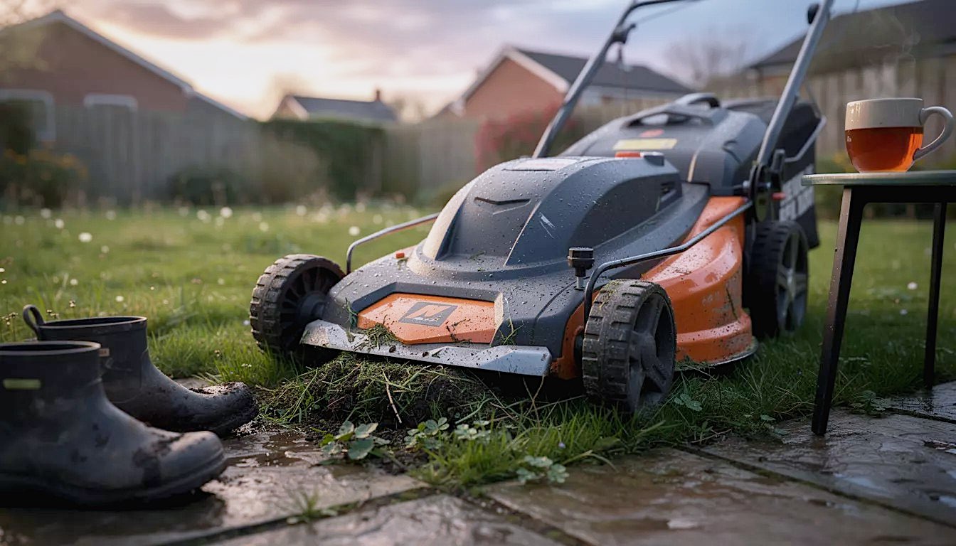 A hyper-realistic, cinematic photograph of a rugged electric lawnmower sitting on a lush, slightly damp suburban lawn in Manchester at dusk. Golden hour sunlight hitting the matte black and orange plastic chassis. In the foreground, a pair of muddy gardening boots and a mug of tea steaming on a patio table. Shallow depth of field focusing on the mower's blade housing. High resolution, 8k, moody atmosphere.