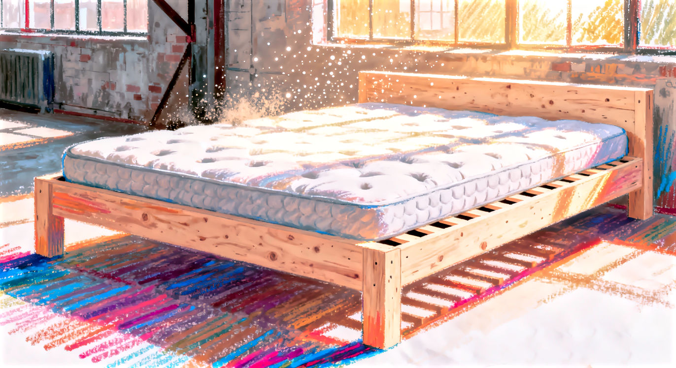A hyper-realistic, cinematic photograph of a raw Tulip Poplar platform bed frame sitting in a sun-drenched, industrial loft bedroom. Golden hour sunlight hitting the unfinished wood grain and dust motes dancing in the air. A cross-section view shows the high-density slat spacing supporting a heavy memory foam mattress. No bedding, just the raw engineering of the frame and mattress. High resolution, 8k, shallow depth of field, shot on 35mm lens.