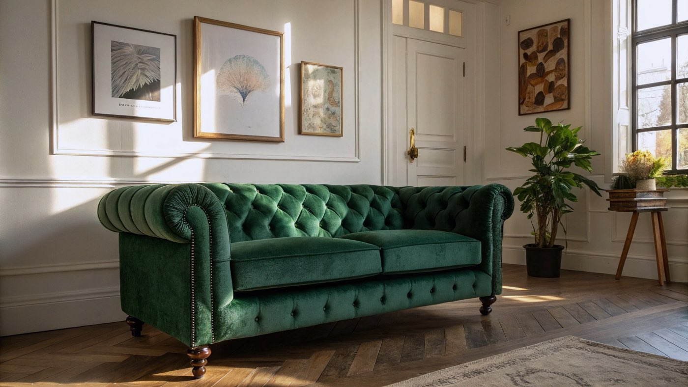 A hyper-realistic, cinematic photograph of a deep emerald green velvet Chesterfield sofa sitting in a modern, high-ceilinged London Victorian apartment. Golden hour sunlight hitting the plush velvet texture and dark wooden legs. Minimalist decor, abstract art on white walls, a fiddle leaf fig plant in the corner. High resolution, 8k, shallow depth of field, interior design magazine style.