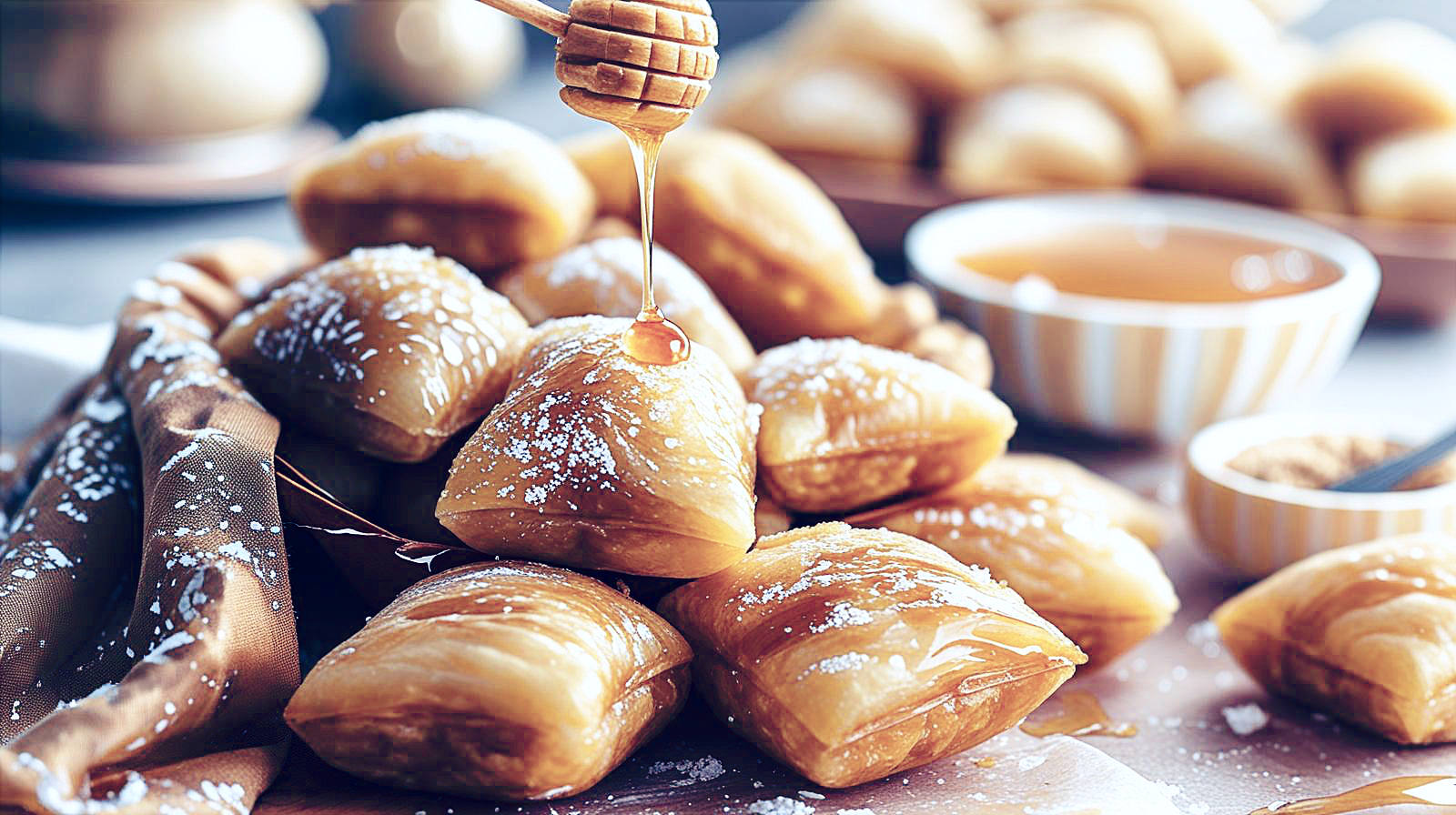 A hyper-realistic, professional food photography shot in the style of a BBC Good Food feature. A close-up, eye-level angle captures a rustic basket lined with a brown and white cloth, brimming with golden, puffy sopapillas. One sopapilla is artfully torn open, emitting a delicate wisp of steam, as rich, golden honey cascades from a wooden dipper, beautifully reflecting the light. The background features a softly blurred, rustic kitchen table with a small, elegant bowl filled with cinnamon sugar. Soft, warm natural lighting meticulously highlights the blistered, crispy texture of the sopapillas.