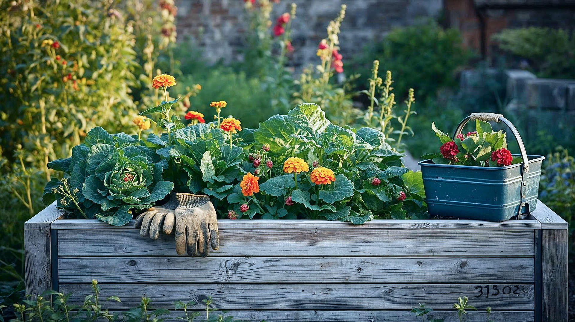 A photorealistic, high-quality image in the style of a BBC Gardeners' World magazine spread. The scene shows a lush, productive British kitchen garden in early summer. In the foreground, a modern raised bed made of silvery weathered larch timber is overflowing with vibrant green kale, bright red strawberries, and marigolds. A pair of muddy gardening gloves and a trug of harvested vegetables sit on the edge of the bed. In the background, a soft-focus English cottage garden with hollyhocks and a brick wall. The lighting is the golden hour, warm and inviting, highlighting the textures of the wood and the leaves.