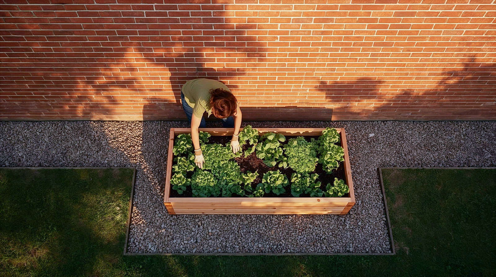 A high-angle, photorealistic shot showing an ideally laid-out kitchen garden. A rectangular raised bed is positioned perfectly against a warm, sun-drenched red brick wall to capture the southern light. The bed is exactly 1.2 metres wide, with a gardener reaching effortlessly from the side to the centre to harvest a lettuce, demonstrating the "arm's reach" rule. The image features neat gravel pathways surrounding the bed and clear, soft afternoon shadows that accentuate the structure and thoughtful placement. The lighting is golden and warm, highlighting the texture of the brick and the neat geometry of the garden design.