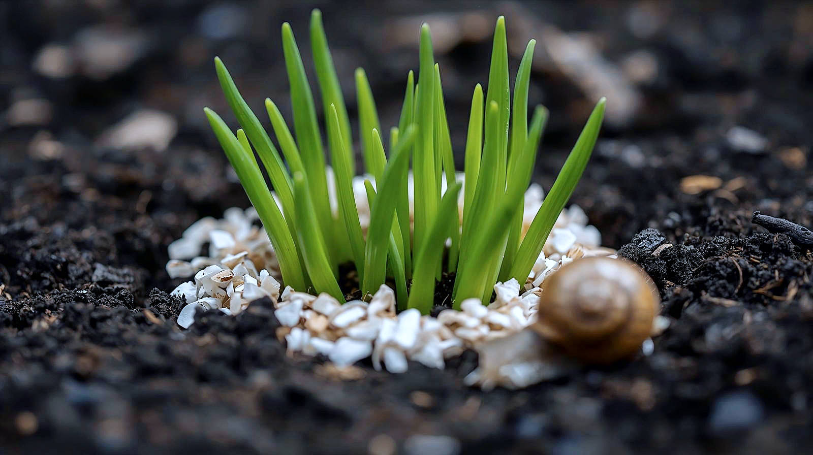 A close-up, ground-level shot of fresh green Echinacea shoots just emerging from the dark soil in spring. Surrounding the tender shoots is a protective ring of crushed eggshells or wool pellets acting as a barrier. In the blurred foreground, a snail is visible crawling away, illustrating the "slug battle.