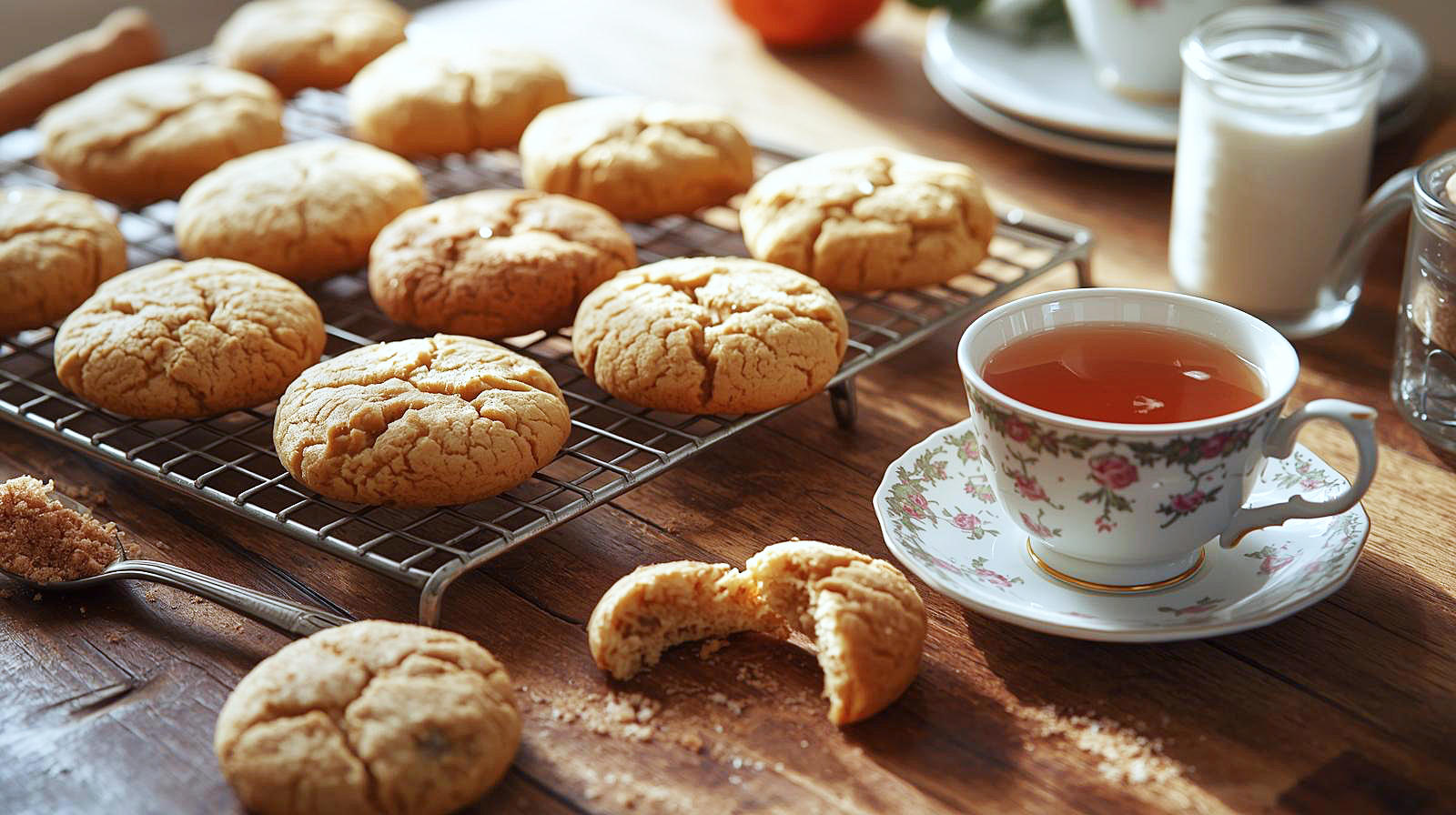 A high-quality, professional stock photo captured with hyper-realistic detail, presented as a close-cropped food photography shot. The scene is set on a rustic wooden table within a cozy, sunlit British kitchen. Dominating the center is a cooling rack generously filled with golden, crinkly snickerdoodle cookies, some artfully stacked to reveal their chewy, soft interiors, while others are casually scattered. Adjacent to the cookies, a vintage teacup filled with tea and milk rests, accompanied by a spilled antique spoon brimming with cinnamon sugar and a small, clear jar of cream of tartar. The natural, side-lighting, reminiscent of golden hour, exquisitely illuminates the sparkling sugar crystals coating the cookies and accentuates the charming cracked surface texture. The aesthetic is inspired by editorial food magazine features, characterized by warm tones, high texture, a clean composition, excellent illumination, and sharp, precise details.