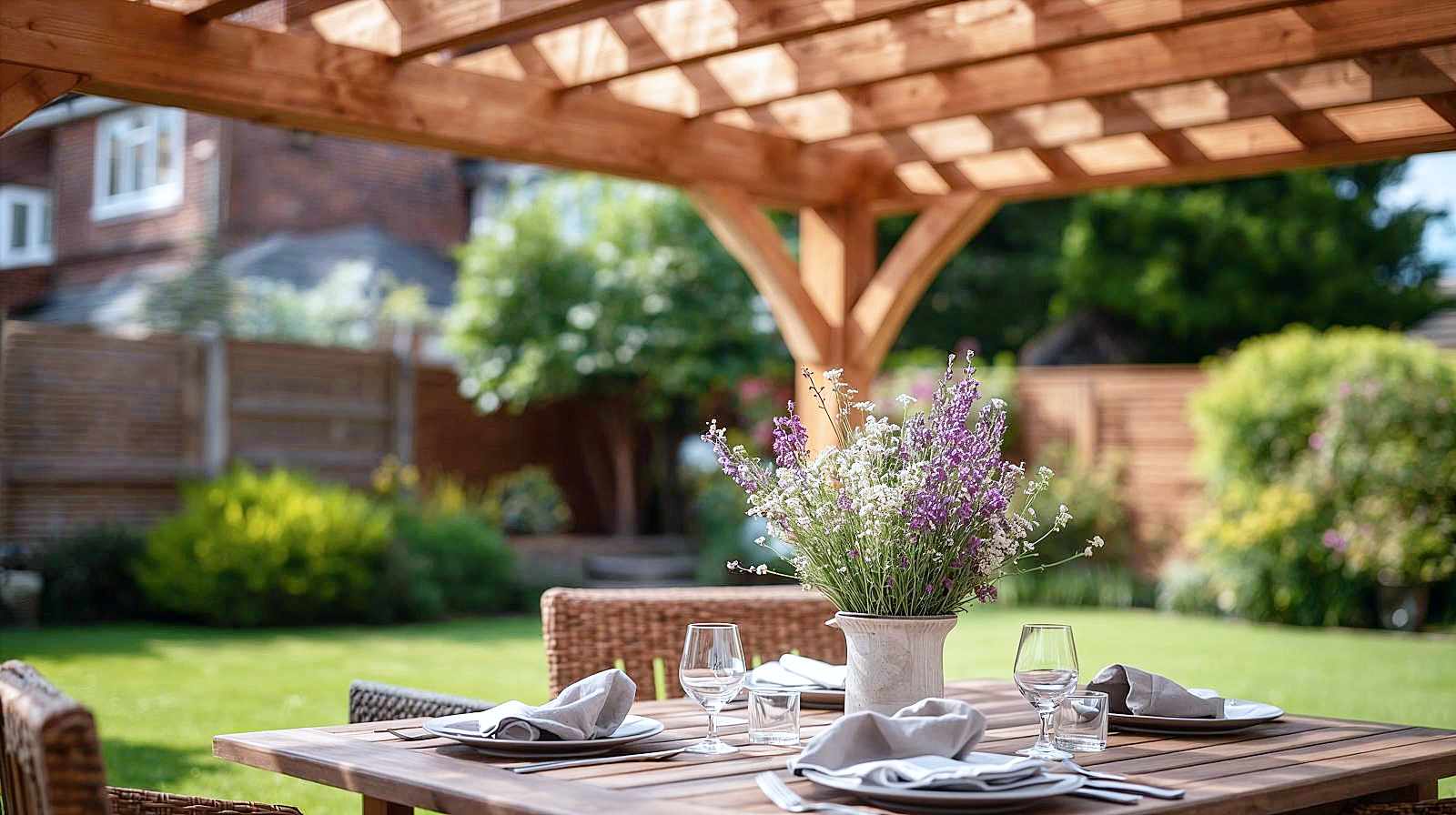 A hyper-realistic, high-resolution photograph in the style of a premium lifestyle magazine. A close-up, wide-angle shot of a "Mid-Range" cedar wood pergola being used for a summer lunch. The focus is on the texture and quality of the materials: the rich, reddish-brown grain of the cedar posts and the sturdy joinery. The setting includes a table dressed with linen napkins and a ceramic jug of wildflowers. The background blurs into a standard but well-kept suburban British garden. The lighting is soft afternoon sun, highlighting the warmth of the premium wood to illustrate the step-up in quality from basic softwood.