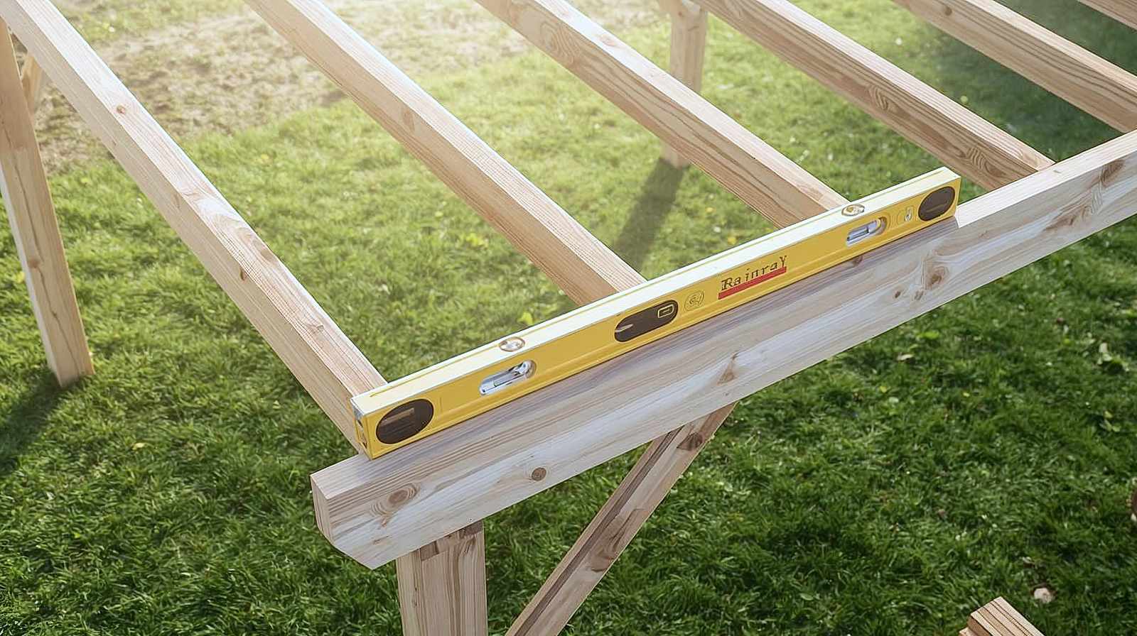 A hyper-realistic, high-resolution photograph in the style of a high-quality home renovation feature. A crisp, bright Saturday morning scene. A partially assembled wooden pergola frame stands proudly on a manicured garden lawn, the fresh timber contrasting with the green grass. A polished yellow spirit level rests on a horizontal beam, catching the sunlight, symbolising precision and planning. In the foreground, a neat stack of timber and a professional cordless drill suggest a competent project in progress. The atmosphere is optimistic, productive, and tidy, evoking the satisfaction of a job well done.