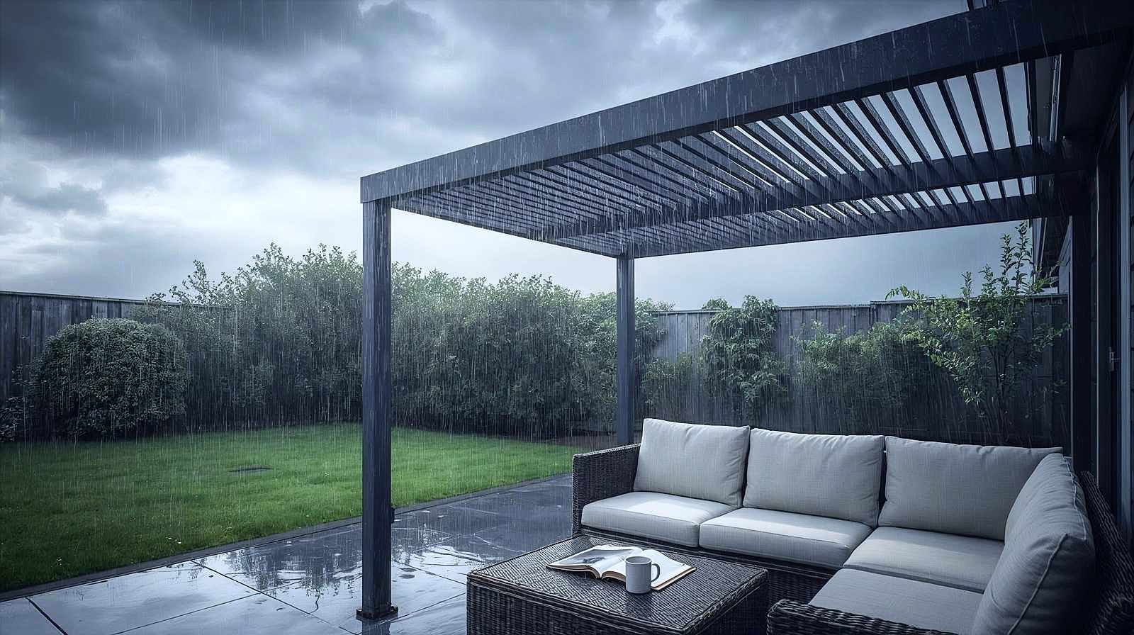 A hyper-realistic, high-resolution photograph in the style of Grand Designs or Country Life. A dramatic British weather moment: a slate-grey sky is just clearing after a heavy shower, with sunlight breaking through the clouds to hit a wet patio. In the centre, a sleek, charcoal-grey aluminium pergola stands out. Its louvred roof slats are partially tilted, glistening with rain droplets. Underneath, the scene is a dry sanctuary: a rattan sofa with plush, cream-coloured waterproof cushions remains perfectly dry, with an open book and a steaming mug of tea on the coffee table. The image captures the sharp contrast between the wet garden and the protected living space.