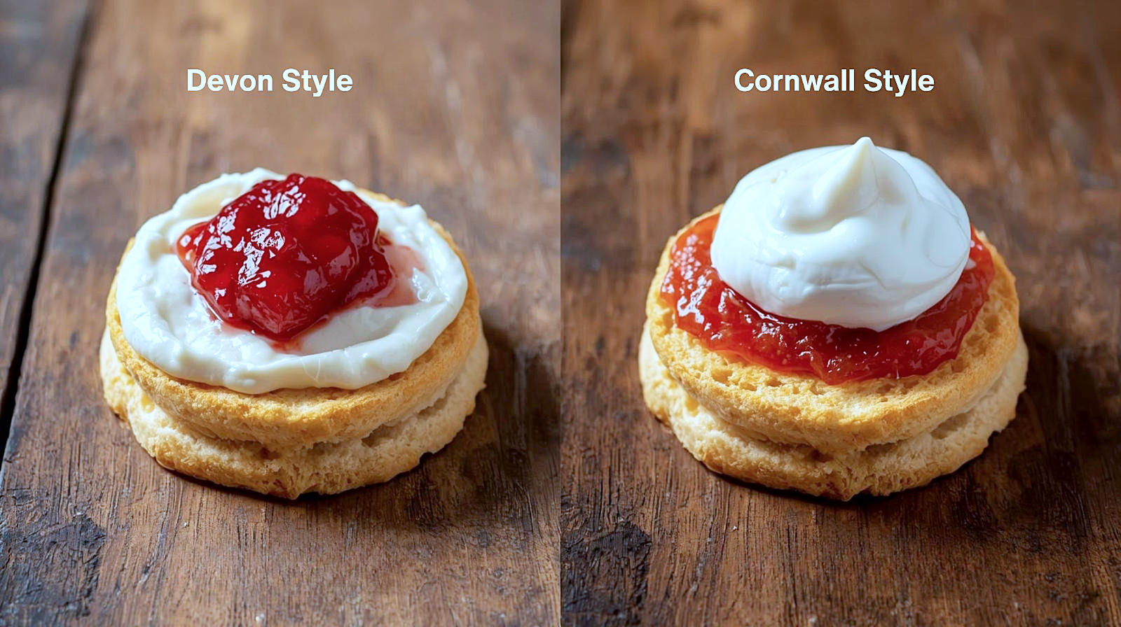 A side-by-side comparison shot on a rustic oak table to clearly illustrate the regional difference between Devon Scones and Cornwall Scones.