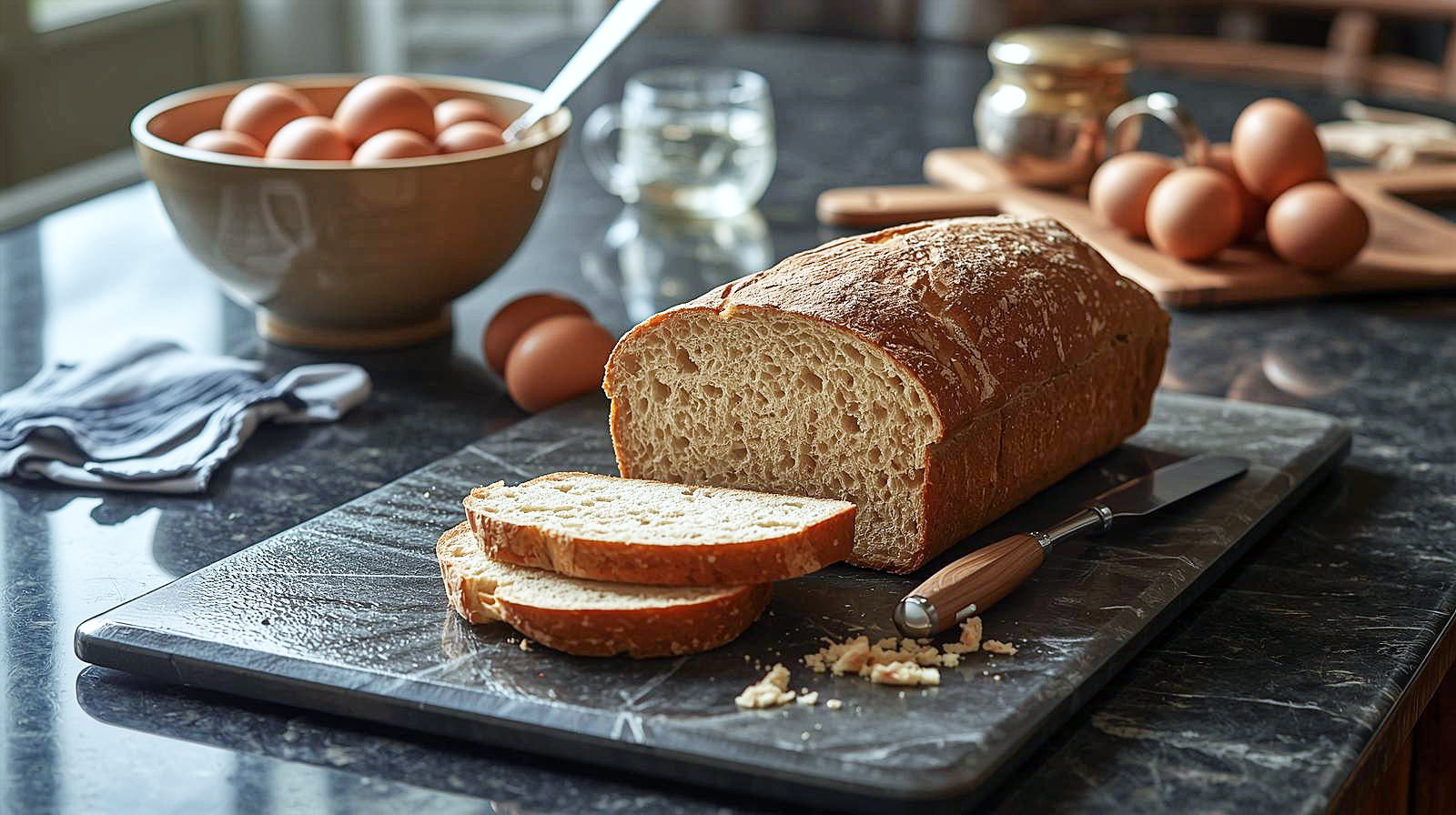 A hyper-realistic, professional food photography shot in the style of a BBC Good Food magazine cover. Close-up, 45-degree angle of a slice of thick, rustic sliced sourdough loaf sitting on a dark ceramic artisan chopping board. There are brown eggs on the granite worktop next to the chopping board, and in the background a large ceramic bowl with an egg whisk in it sits slightly out of focus, along with a vintage wooden table, a silver fork, and a steaming mug of tea, evoking a cosy British Sunday morning atmosphere. Soft, natural window lighting from the left creates gentle highlights on the loaf and eggs.