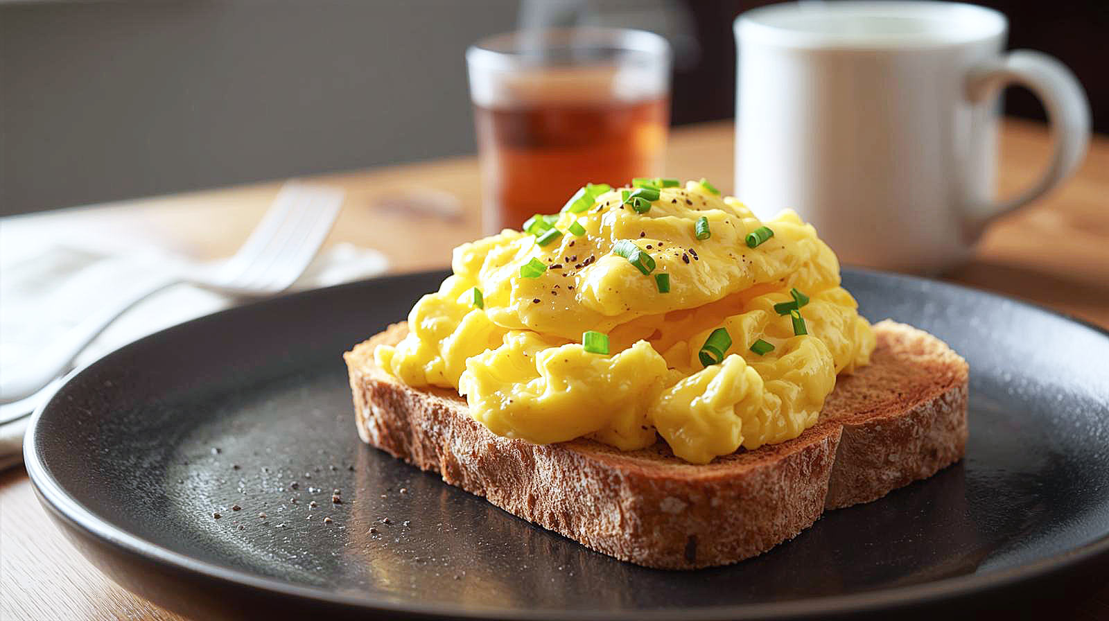 A hyper-realistic, professional food photography shot in the style of a BBC Good Food magazine cover. Close-up, 45-degree angle of a slice of thick, rustic sourdough toast sitting on a dark ceramic artisan plate. The toast is topped with a generous mound of incredibly creamy, soft-curd scrambled eggs that look glossy and moist, not dry. There are flecks of fresh green chives sprinkled on top and a crack of black pepper. In the background, slightly out of focus, is a vintage wooden table, a silver fork, and a steaming mug of tea, evoking a cosy British Sunday morning atmosphere. Soft, natural window lighting from the left creates gentle highlights on the eggs.
