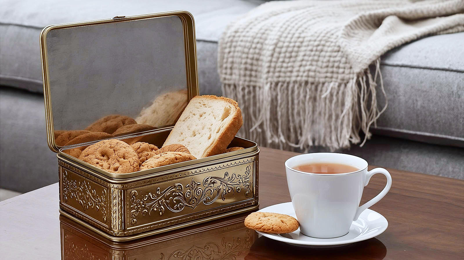 A cozy, lifestyle-oriented stock image depicting the perfect British serving suggestion. A classic, decorative metal biscuit tin sits open on a coffee table, filled with the cookies. Beside it is a mug of tea (milk, no sugar) with steam rising, and a small plate with one cookie ready to be eaten. A slice of white bread is subtly visible tucked inside the tin (illustrating the storage tip). The background is a soft-focus living room setting with a wool throw, evoking a relaxing afternoon treat.
