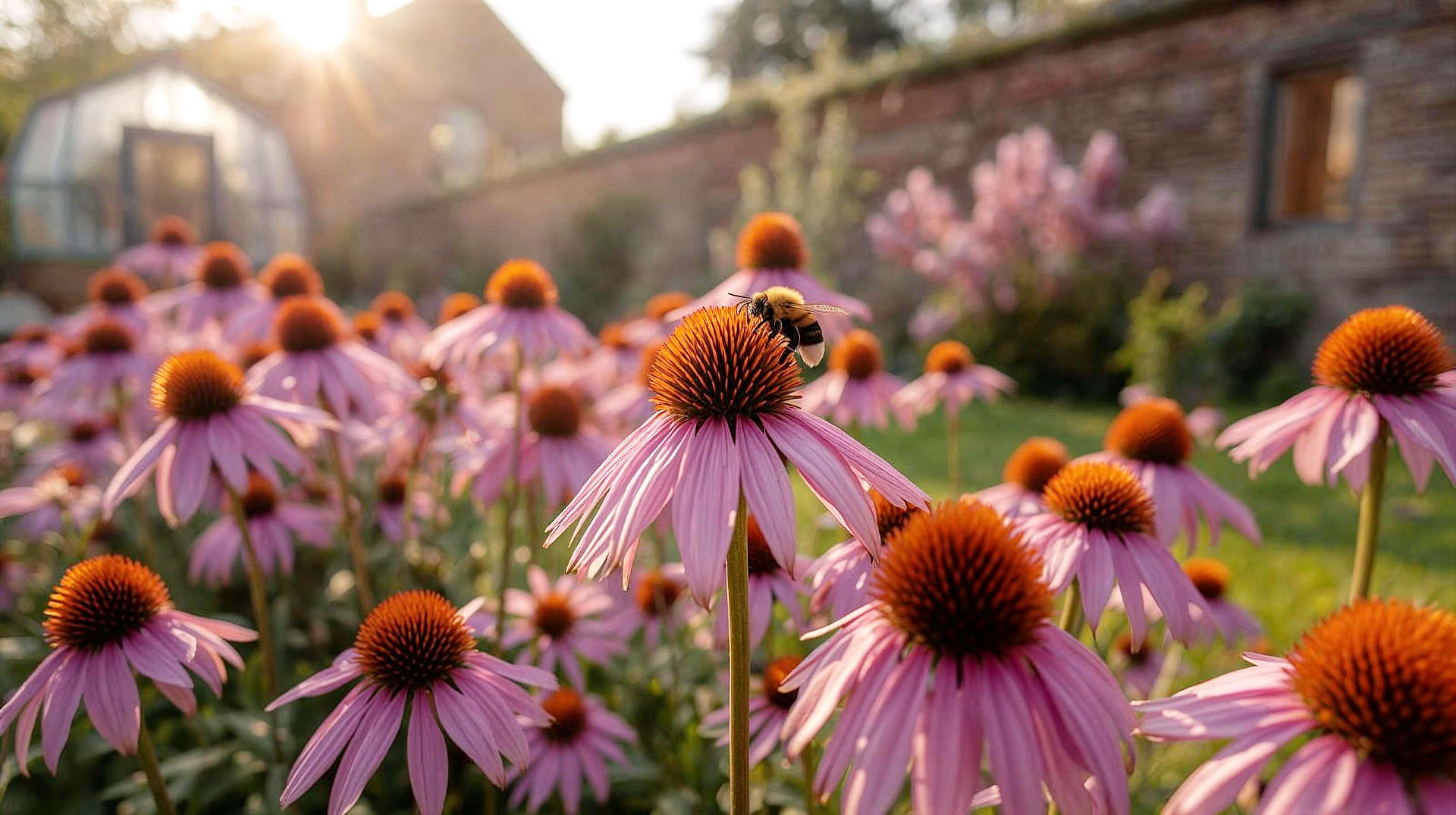 A hyper-realistic, wide-angle photograph taken at golden hour in a quintessential English cottage garden. The foreground is filled with a vibrant drift of Echinacea purpurea 'Magnus' with their distinct orange cones and pink petals, catching the warm sunlight. A fuzzy bumblebee is visible on one of the cones. In the soft-focus background, there is an old brick garden wall and perhaps a glimpse of a greenhouse or a traditional English oak tree, establishing the British setting. The lighting is warm and hazy, evoking late summer nostalgia.