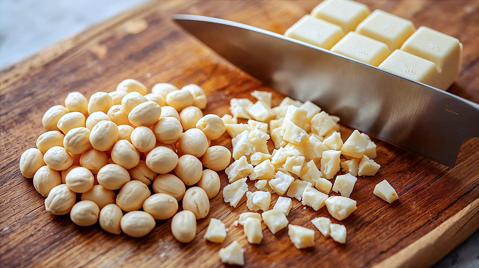 A close-up, high-quality stock photo focusing on the raw premium ingredients. On a well-worn wooden chopping board, there is a pile of creamy, round macadamia nuts, some whole and some roughly chopped to show their texture. Beside them is a block of high-quality white chocolate being chopped into rough chunks (not chips) with a sharp chef's knife. The lighting is bright and directional, catching the sheen of the cocoa butter in the white chocolate. The background is a blurred kitchen surface, emphasizing the freshness and quality of the 'stars of the show'.