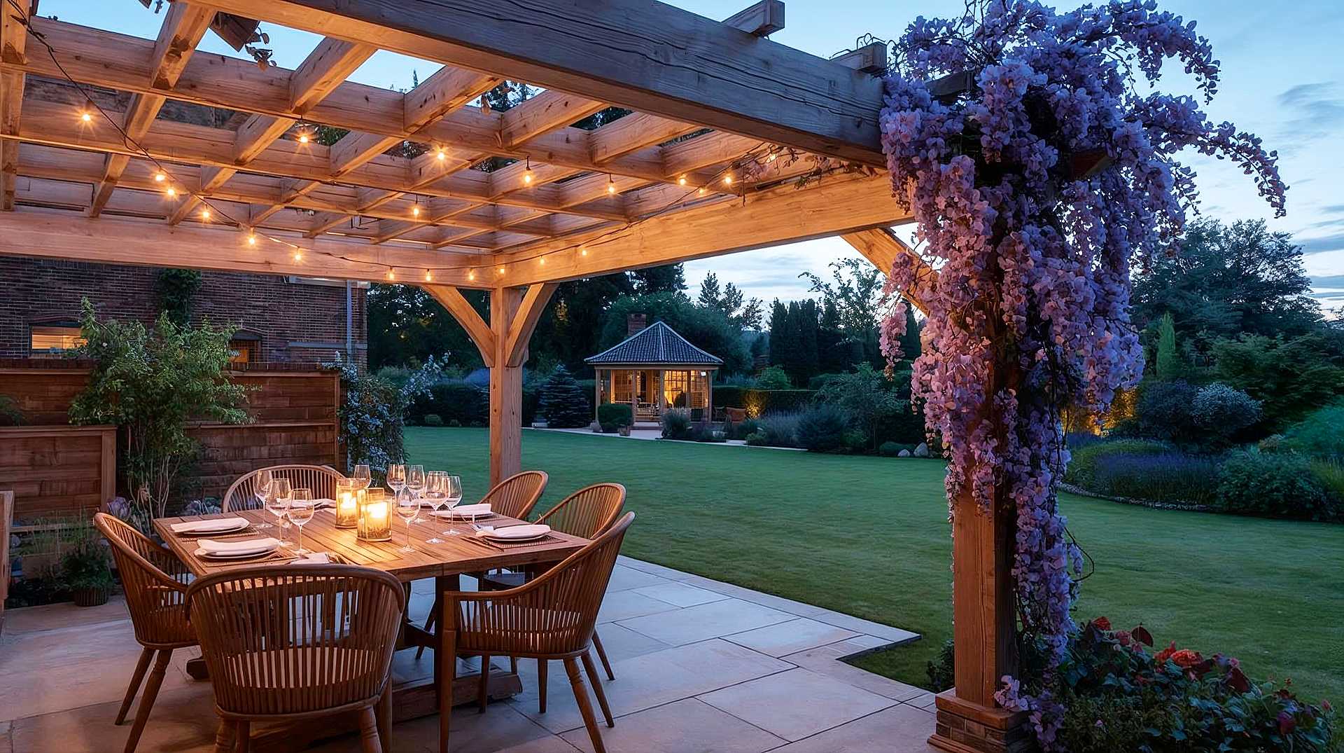 A hyper-realistic, high-resolution photograph in the style of Gardens Illustrated or Country Life. The scene depicts a beautiful British garden at twilight (golden hour). In the foreground, a stylish wooden pergola made of silvered oak covers a limestone patio. Underneath, a rustic teak dining table is set for dinner with wine glasses catching the ambient light. Warm white festoon lights are draped loosely across the rafters, glowing softly. A lush Wisteria with cascading purple blooms climbs one post, adding texture. In the background, a manicured English lawn and herbaceous borders are visible, softening into the distance. The atmosphere is cosy, inviting, and sophisticated, contrasting the warmth of the dining area with the cooling blue of the evening sky.