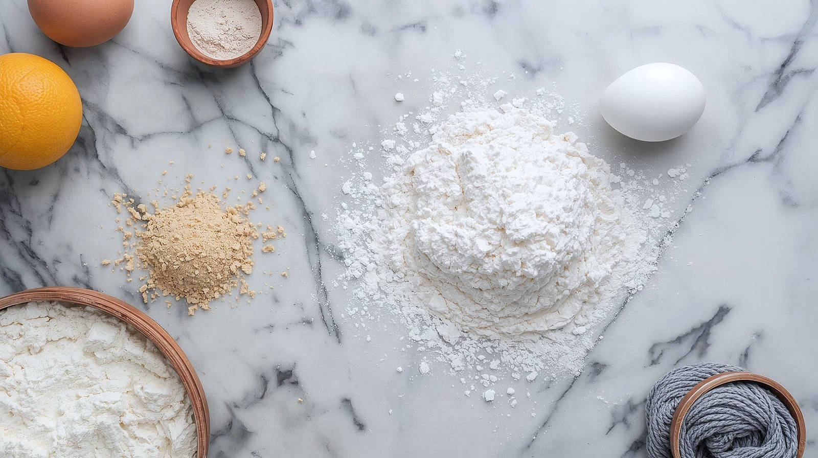 A beautiful "flat lay" (overhead shot) of the raw ingredients on a cool marble pastry slab.
Elements: A sifted mound of white flour, distinct cubes of very cold, pale yellow butter, a vintage glass measuring jug of milk, and a small bowl of caster sugar. A wire whisk and a wooden spoon lie nearby.
Mood: Clean, organized, and preparatory.
Color Palette: Whites, creams, and cool greys (marble), with the yellow providing a pop of colour.