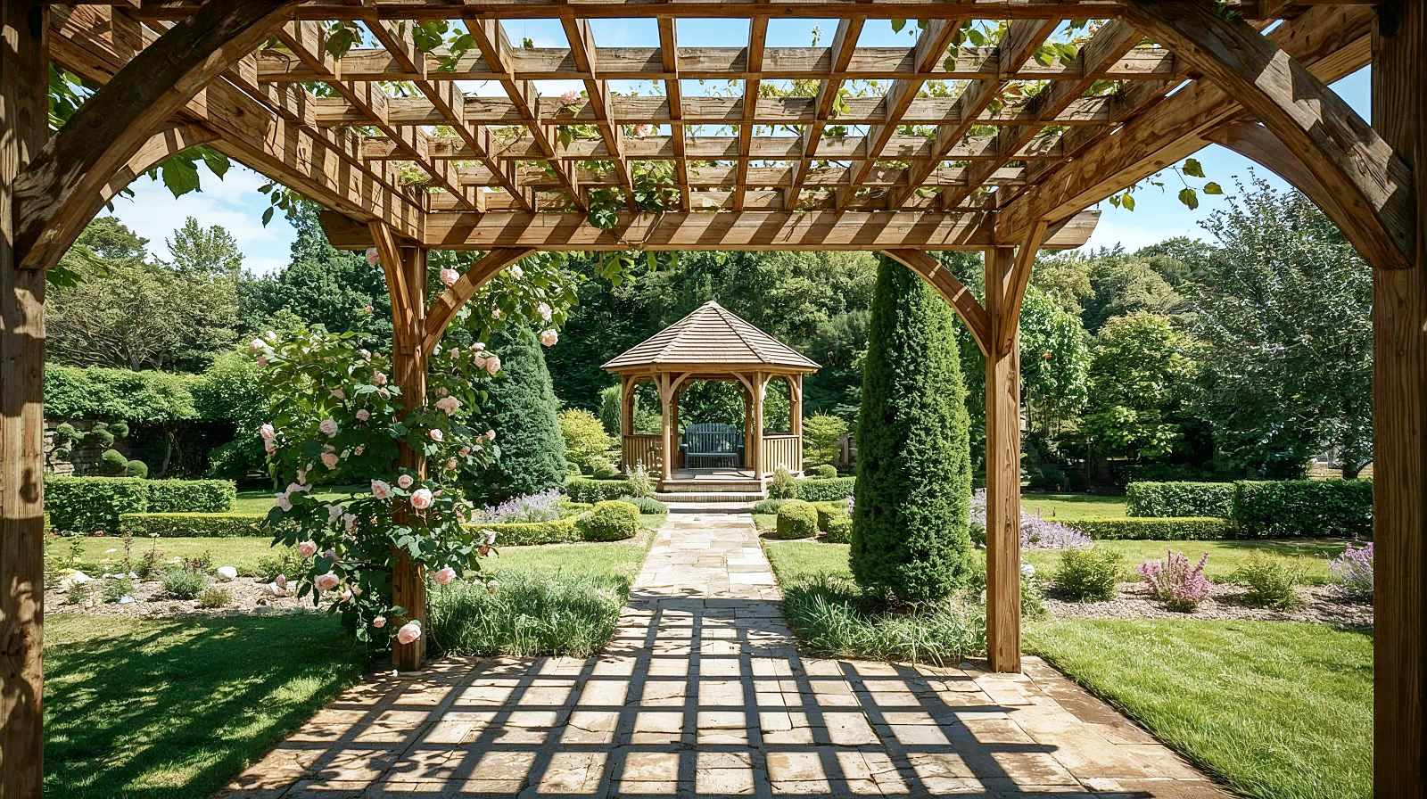 A hyper-realistic, high-resolution photograph in the style of Gardens Illustrated. A bright, sunny mid-morning scene in a lush English cottage garden. The focus is on a classic wooden pergola structure with an open rafter roof. The sun casts distinct, geometric dappled shadows onto a weathered flagstone path below, highlighting the "open-air" definition of the structure. Through the wooden arches, fragrant climbing roses are beginning to twine. In the soft-focus background, a solid, enclosed wooden gazebo is visible, visually contrasting the open pergola with the closed room. The lighting is crisp and clear, emphasizing the blue sky visible through the pergola beams.