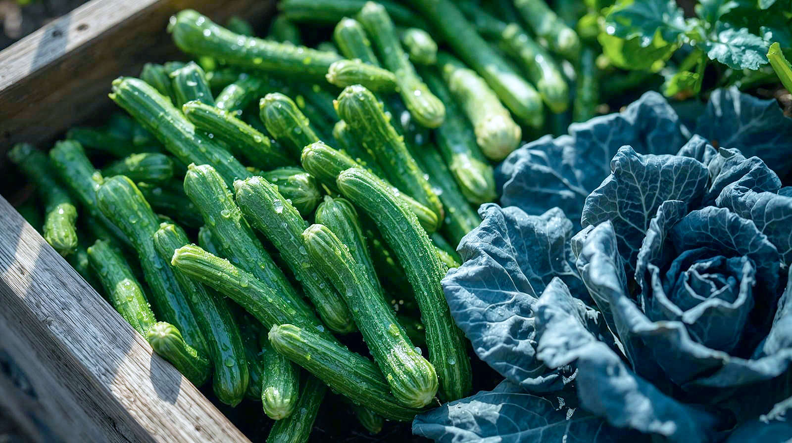 A lush, close-up, macro-style photograph focusing on 2026's trending "tabletop" vegetable varieties. Inside a wooden raised bed, compact "patio" courgettes and dwarf runner beans (like 'Hestia') are growing densely and productively without sprawling. To the side, dark, textured leaves of Cavolo Nero (black kale) add depth and contrast. The image captures the crisp details of dew drops on the vegetables and the vibrant colours of the produce. The lighting is fresh and crisp, evoking a cool, bright British spring morning, emphasising the abundance possible in a small space.