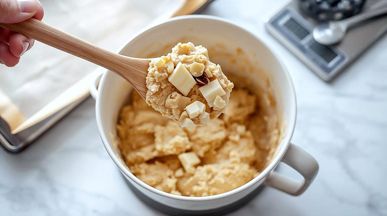 A high-angle, bright stock photograph focusing on the "folding" stage of the recipe. A large, sturdy ceramic mixing bowl sits on a kitchen counter. Inside, a wooden spoon is lifting a thick, golden dough, revealing generous chunks of white chocolate and roasted macadamia nuts being incorporated. In the background, out of focus, is a baking tray lined with parchment paper and a digital kitchen scale, emphasizing the precision of the metric recipe. The lighting is clean and neutral, highlighting the texture of the ingredients.