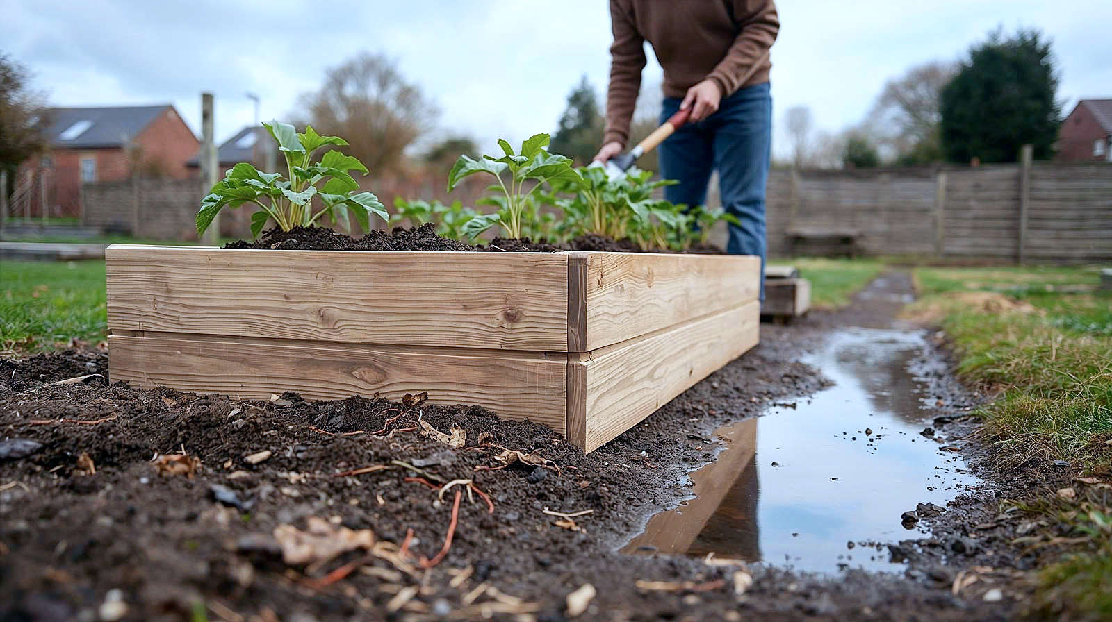 Prompt:
A hyper-realistic, medium-shot photograph in the style of a premium gardening magazine. The scene depicts a waist-high "manger" style raised bed made of sturdy, treated timber, situated in a classic British allotment with a slightly overcast but bright sky. A gardener, wearing a wool jumper and holding a trowel, is tending to young plants comfortably while standing upright, emphasising the ergonomic benefit. The soil in the raised bed looks dark, warm, and crumbly, offering a sharp visual contrast to the slightly damp, puddled pathway below, visually illustrating superior drainage. The mood is practical yet serene, capturing the joy of gardening without the backache.