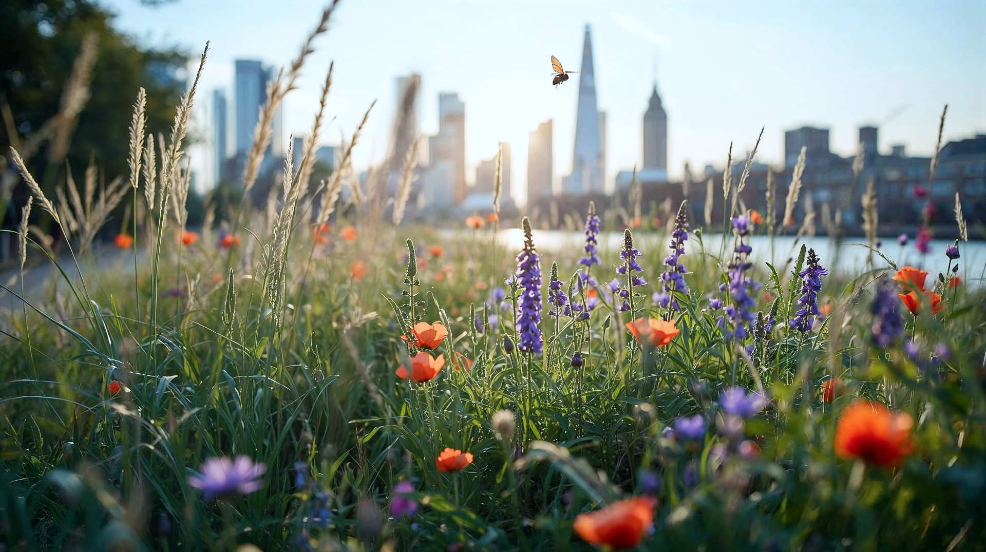 A hyper-realistic, wide-angle photograph in the style of a National Geographic or BBC Earth feature. Subject: A split-composition shot showing the harmony between a modern British city and wild nature. Foreground: Sharp focus on a "rewilded" urban verge or allotment in the foreground, rich with wildflowers (poppies, cornflowers), tall grasses, and a bee hovering near a foxglove. Background: In the soft, defocused background, a modern UK city skyline (hint of The Shard or Manchester skyline) bathed in warm, golden-hour sunlight. Mood: Optimistic, vibrant, and interconnected. The lighting should be soft and hazy, evoking a classic British summer evening. Palette: Lush greens, vibrant floral purples and reds, contrasting with the soft greys and glassy blues of the city.