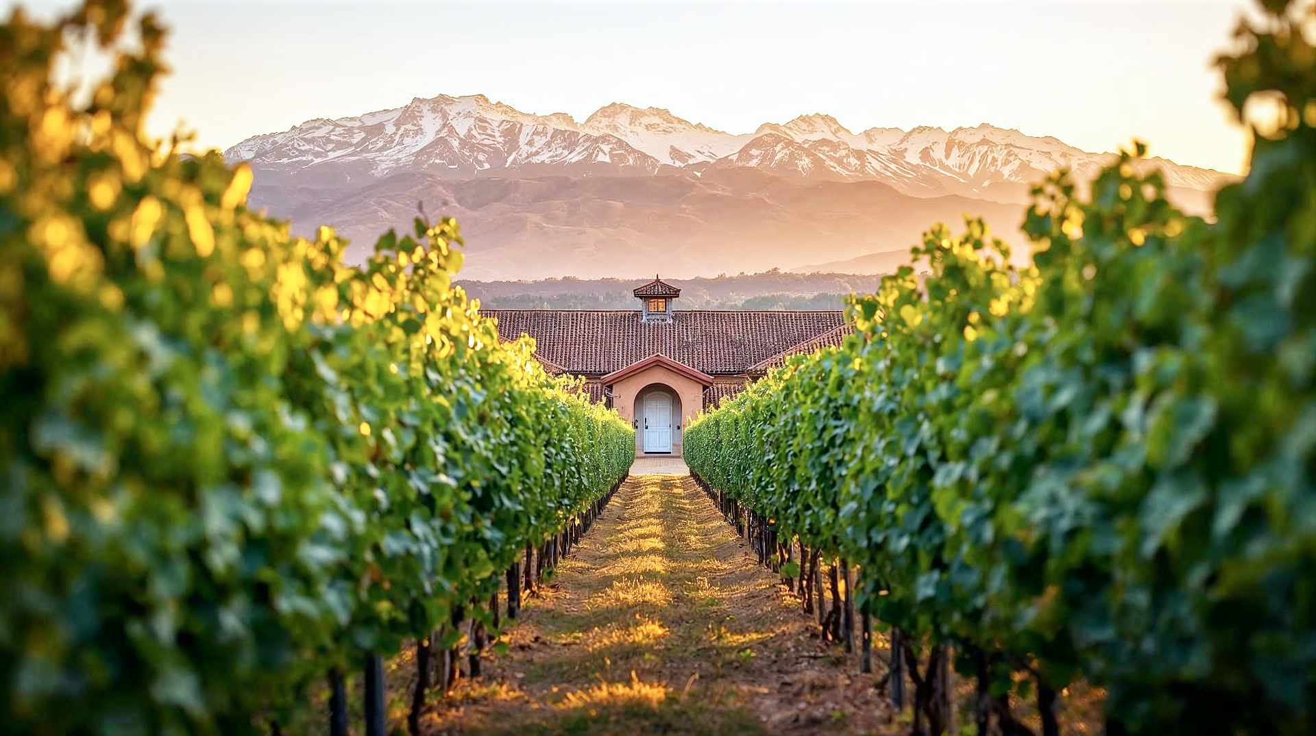 A vibrant, professional photograph of the Maipo Valley at sunset. In the foreground, rows of lush green grapevines lead the eye toward the majestic, snow-capped Andes Mountains. A rustic, colonial-style winery building with terracotta tiles is nestled among the vines. The lighting is the "golden hour," casting a warm, orange glow across the landscape and highlighting the textures of the grape leaves. The mood is serene, prestigious, and timeless.
