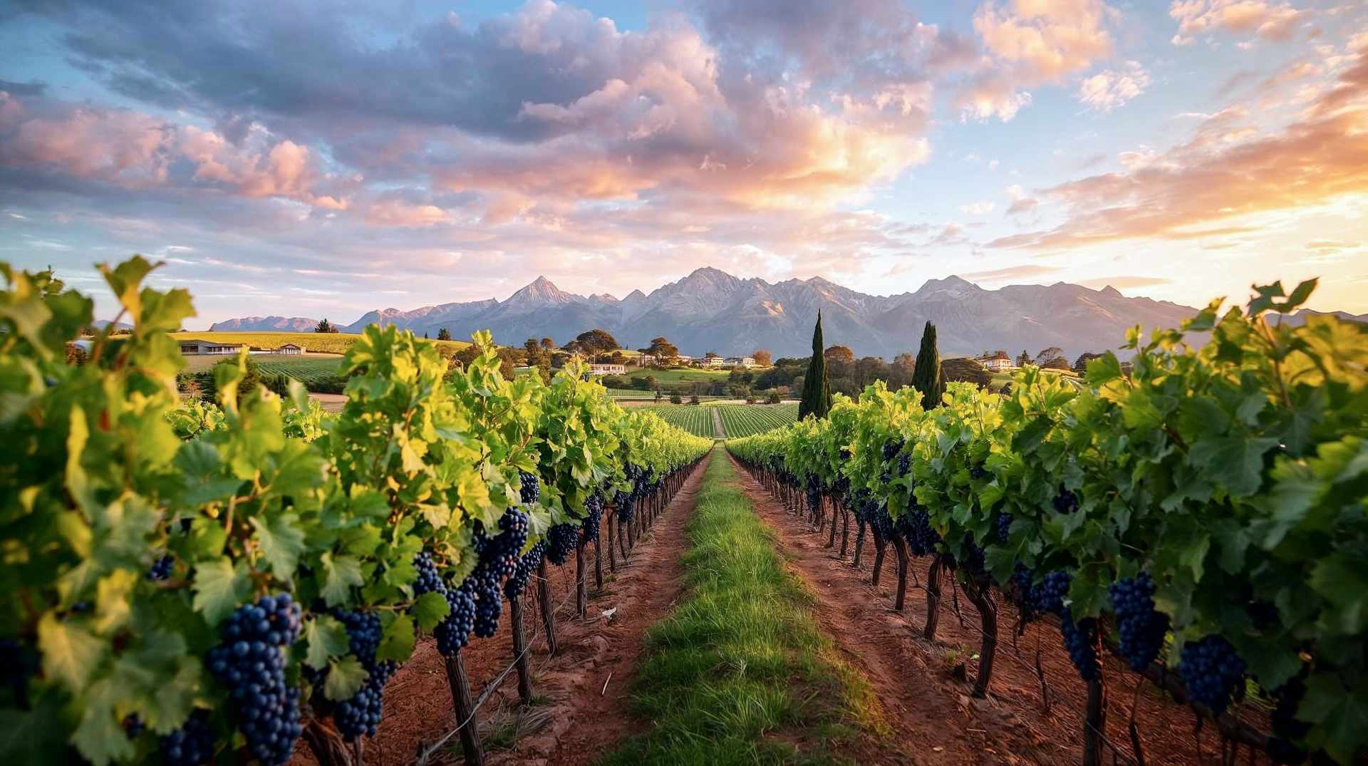 A stunning, professional landscape photograph of a vineyard in the Nelson wine region of New Zealand during the golden hour. In the foreground, vibrant green grapevines with ripe purple Pinot Noir grape clusters are sharply focused, with rich, textured clay soil visible between the rows. In the mid-ground, rolling green hills dotted with small, rustic winery buildings and tall cypress trees. In the background, the majestic, jagged silhouette of the Tasman Mountains under a dramatic sky with soft pink and orange clouds. The lighting is warm and glowing, emphasizing the "sunny Nelson" atmosphere. The composition should be wide and sweeping to capture the scale and serenity of the region. High resolution, photorealistic, National Geographic style.