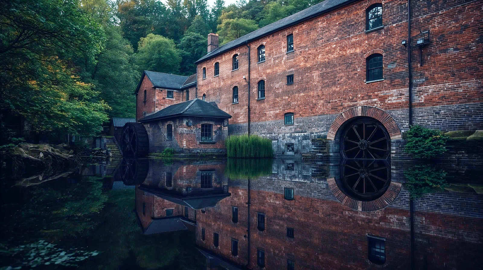 A hyper-realistic, atmospheric photograph of Cromford Mills set against the lush backdrop of the Derwent Valley. The red brick of the historic 18th-century industrial mill contrasts beautifully with the deep greens of the surrounding forest and the reflective surface of the mill pond in the foreground. The lighting is moody but warm, perhaps late afternoon, highlighting the texture of the old stone and the water wheel. The scene captures the blend of nature and industrial heritage. Style: High-definition architectural landscape, rich textures, natural colours.