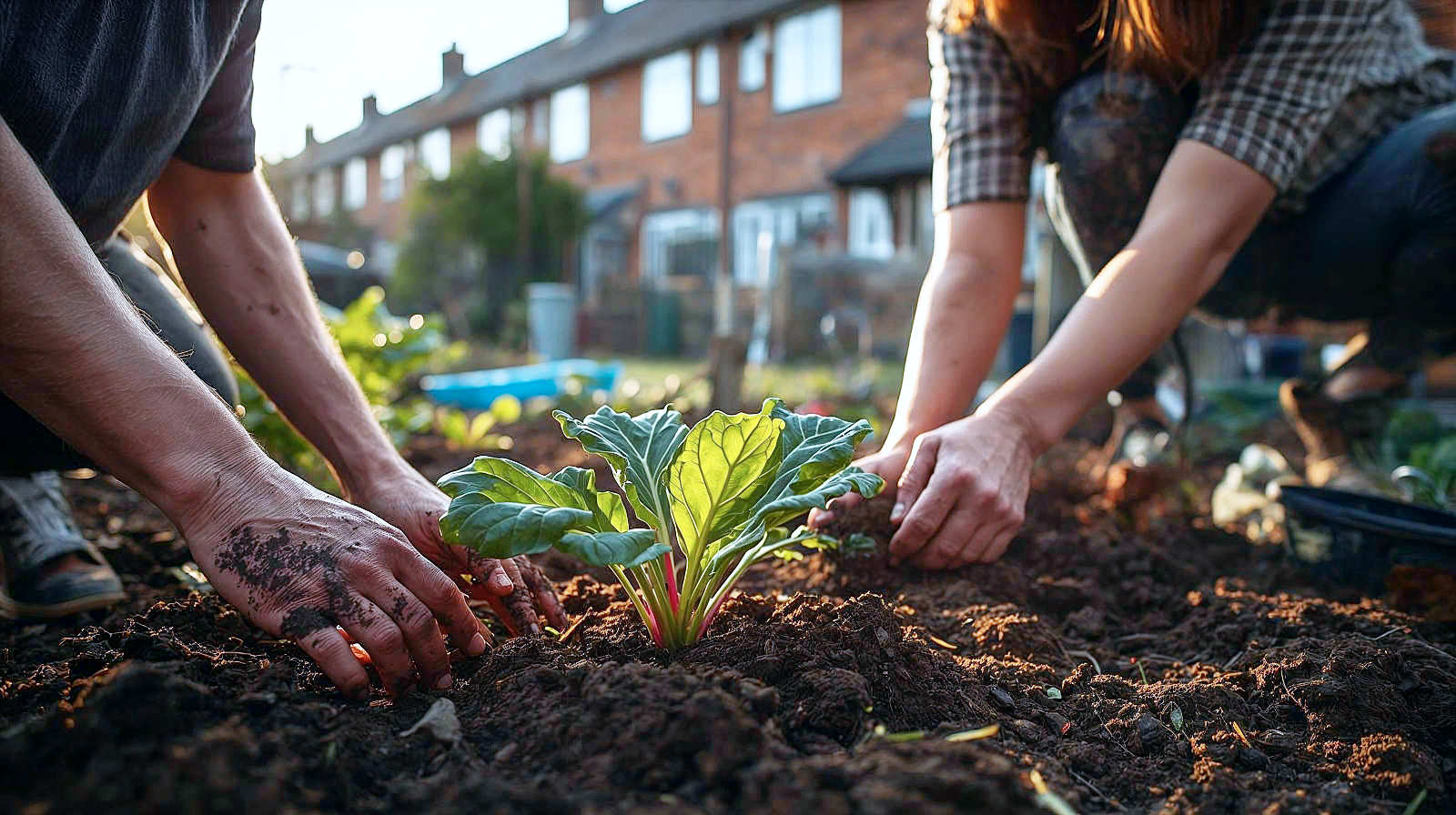 A candid, documentary-style photograph in the style of a warm Sunday supplement feature.
Subject: A bustling community allotment or shared garden in an urban setting.
Action: A group of people (different generations) interacting warmly. An older person is showing a teenager how to plant a seedling.
Foreground: Soil-stained hands, lush vegetable leaves (chard or kale), and gardening tools.
Background: Softly focused brick terraced houses, making the green space feel like a sanctuary within the built environment.
Mood: Safe, harmonious, and connected.
Lighting: Golden hour "magic light," casting long, warm shadows and giving everyone a healthy glow.
Palette: Earthy browns of the soil, vibrant vegetable greens, and warm skin tones.