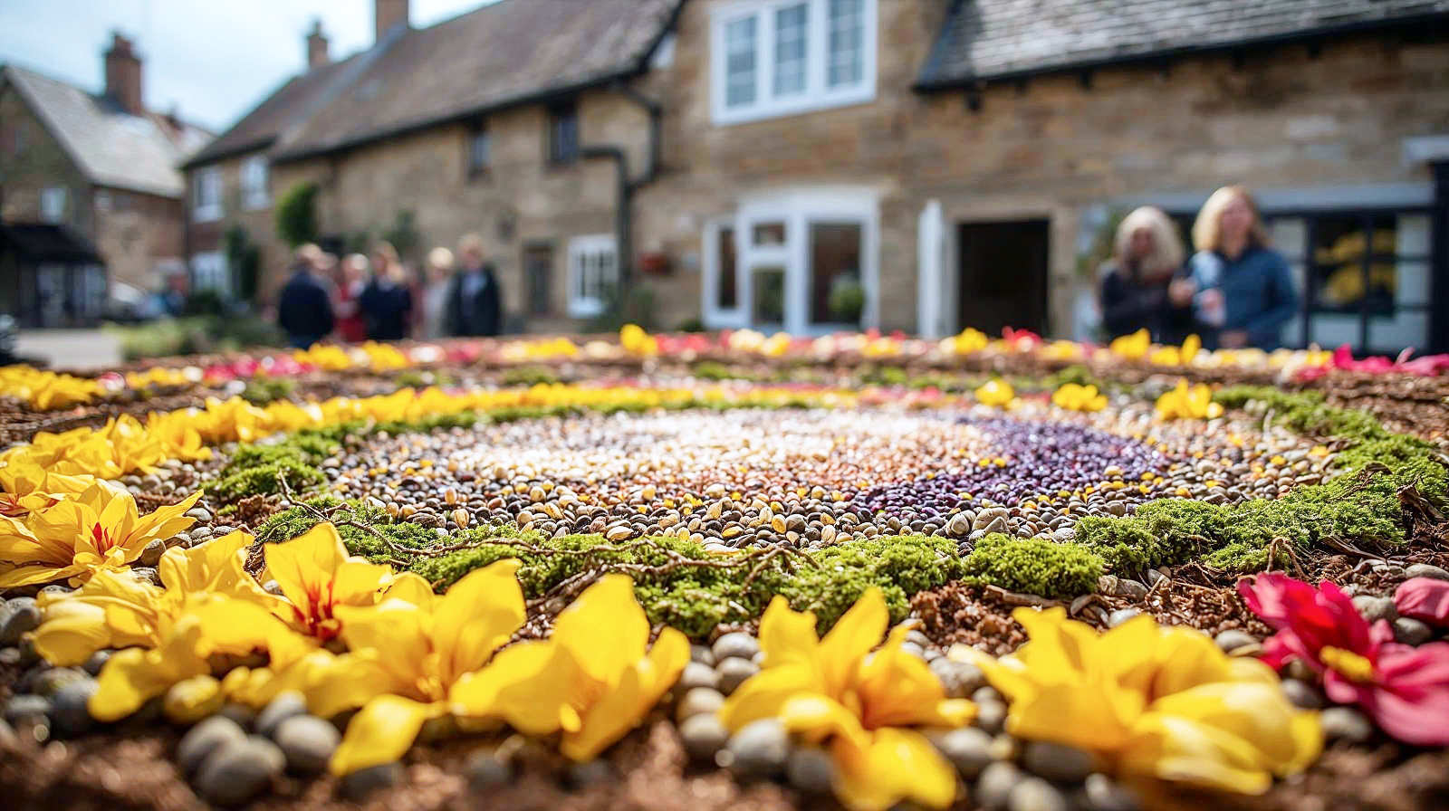 A detailed, close-up photograph of a traditional Well Dressing in a quaint Peak District village like Tissington. The focus is on the intricate mosaic picture made entirely of flower petals, moss, and seeds pressed into clay. The colours are vibrant—bright yellows, reds, and greens. In the soft-focus background, a blur of traditional limestone cottages and curious onlookers gives context to the village setting. The lighting is bright and natural, emphasising the delicate texture of the petals. Style: Cultural documentary photography, macro details, vibrant and celebratory.