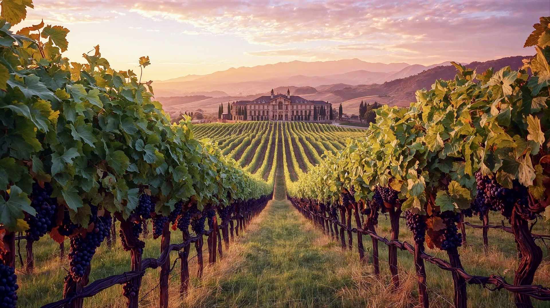 A breathtaking, high-resolution landscape photograph of a sprawling vineyard at golden hour. The foreground features gnarled, ancient grapevines with lush green leaves and purple grape clusters, leading the eye toward a historic, stone-built winery estate in the middle distance. In the background, rolling hills or majestic mountains (resembling the Andes or Alps) are bathed in soft, warm sunset light. The image should capture the harmony between nature and agriculture, with a rich, vibrant color palette of greens, golds, and purples. Cinematic lighting, photorealistic style.