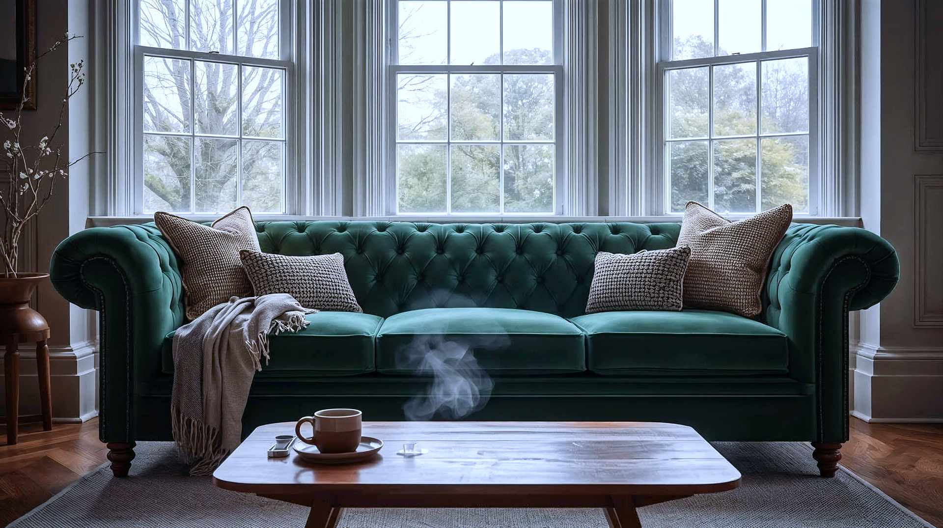 A hyper-realistic, wide-angle photograph in the style of an Ideal Home magazine spread, showing a beautifully styled, spacious British living room. The focal point is a luxurious, deep-seated, emerald green velvet corner sofa looking incredibly inviting and comfortable. The room features a classic Victorian bay window with soft, natural overcast daylight streaming in. On the sofa, there are tasteful textured cushions and a casually draped wool throw. A steaming mug of tea rests on a stylish mid-century modern wooden coffee table in the foreground. The mood is warm, cosy, aspirational, and distinctly British.