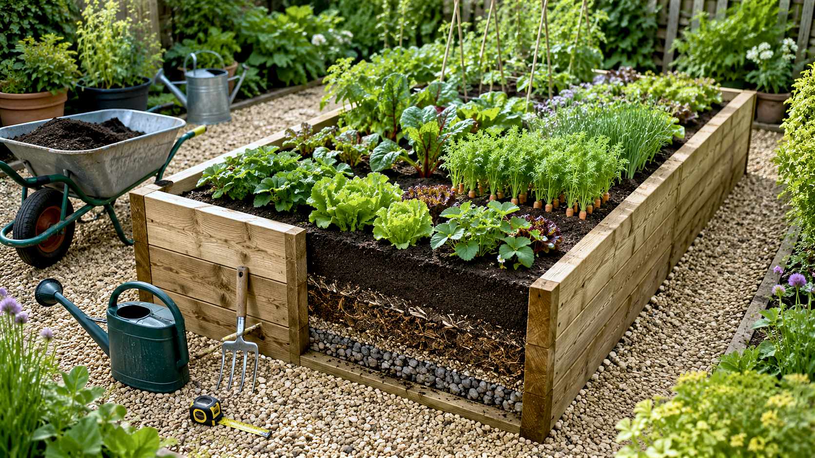 A well-planned timber raised garden bed showing correct width, soil depth, drainage and accessible paths for growing vegetables in a home garden.