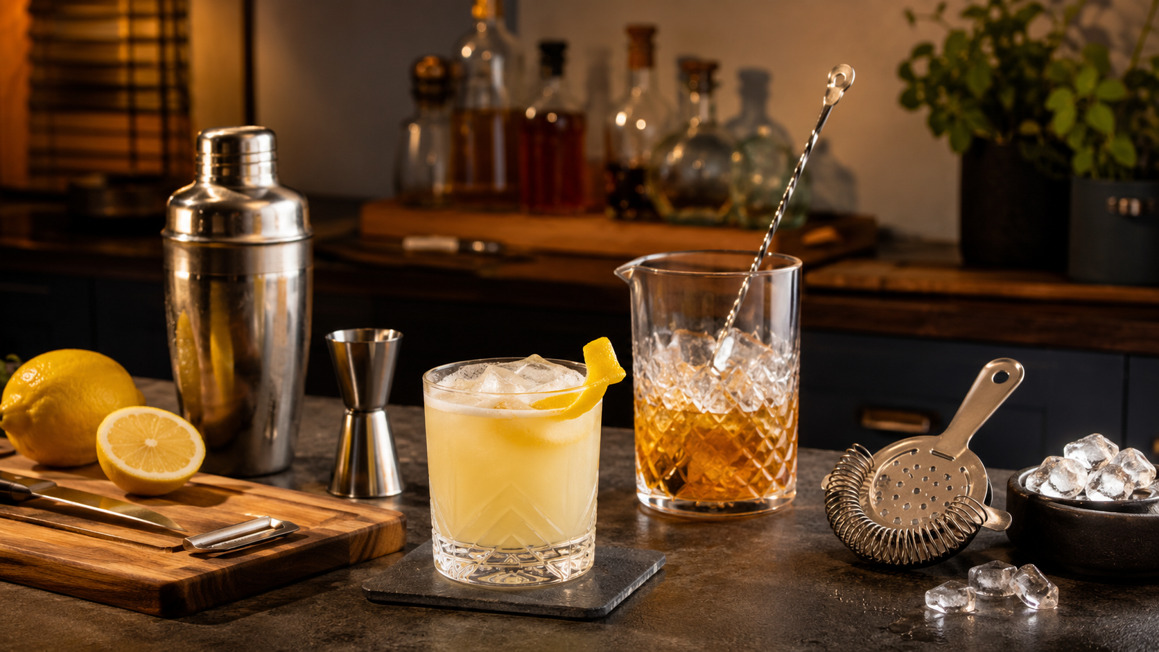Citrus cocktail and stirred amber drink with a shaker, jigger, mixing glass and ice on a home bar.