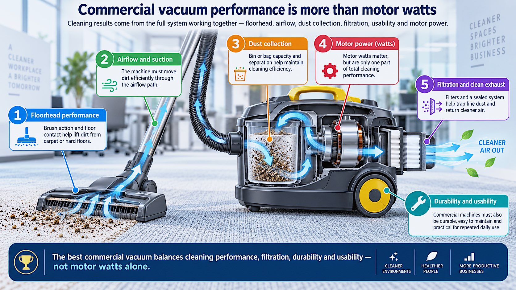 Diagram showing that commercial vacuum cleaning performance depends on the whole system, not just motor wattage.