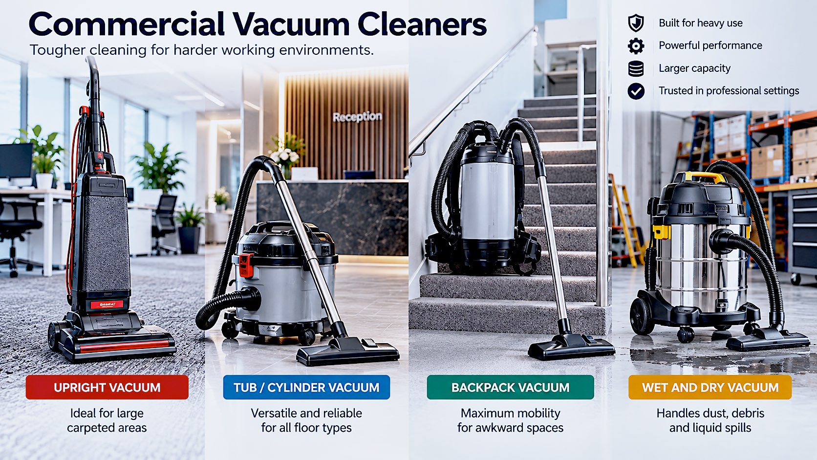 A clean editorial cutaway-style composition showing a commercial upright, tub/cylinder vacuum, backpack vacuum and wet-and-dry vacuum in realistic commercial environments.