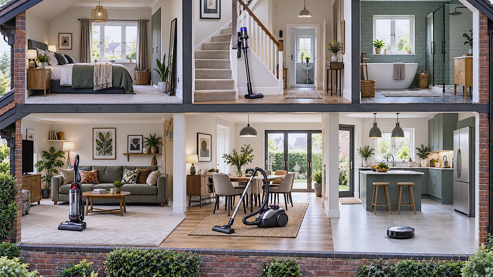 A clean editorial cutaway-style composition showing an upright, cylinder, cordless stick and robot vacuum in a realistic modern UK home, each positioned on the flooring or environment it suits best. No brand logos, specification text or generic person-pushing-a-vacuum stock imagery.
