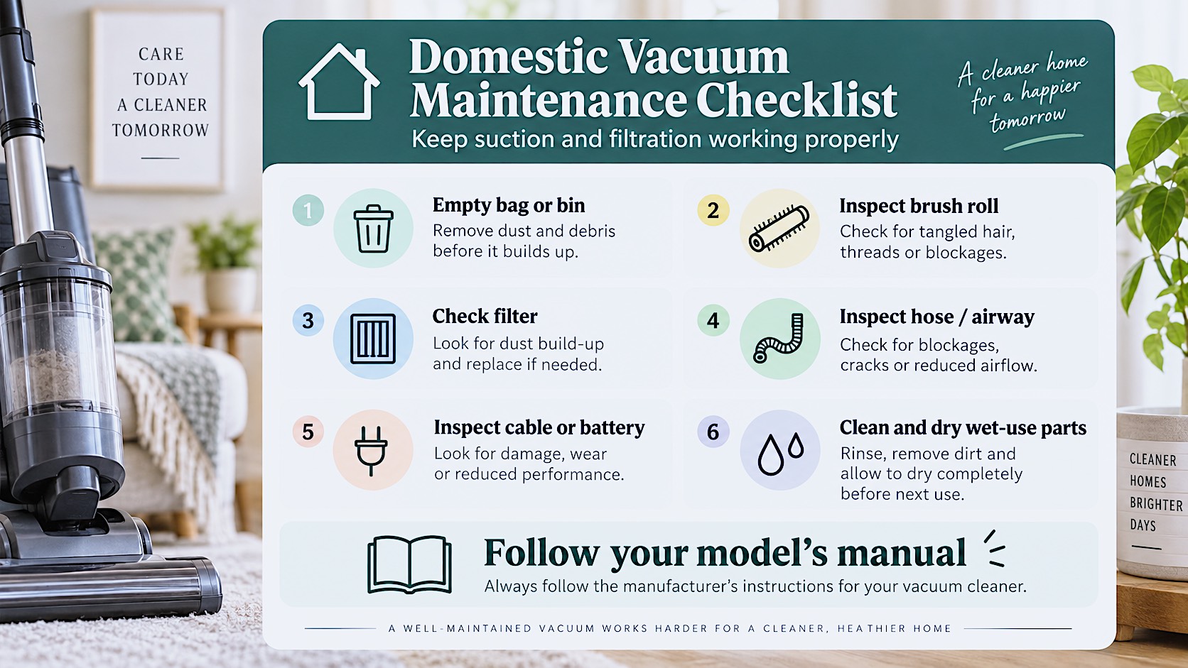 Domestic vacuum cleaner maintenance checklist for keeping suction and filtration working properly.
