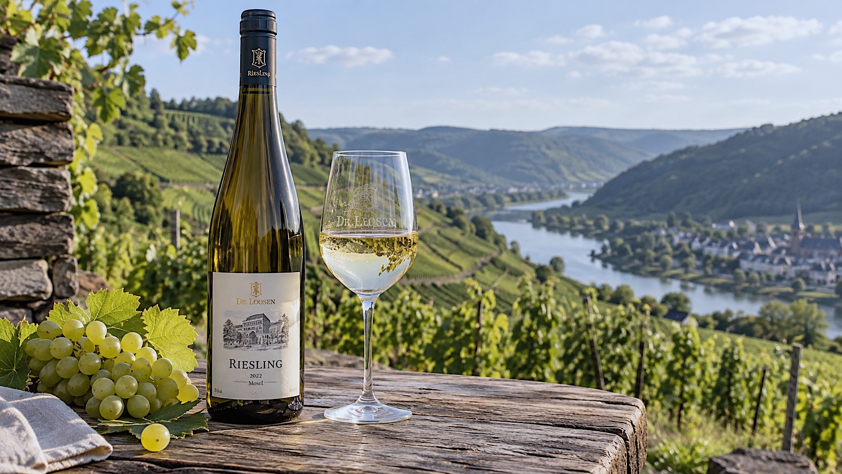 a bottle of riesling on a table with a filled glass next to it, surrounded by scenery evoking its natural growing habitat. 16:9, stock photo