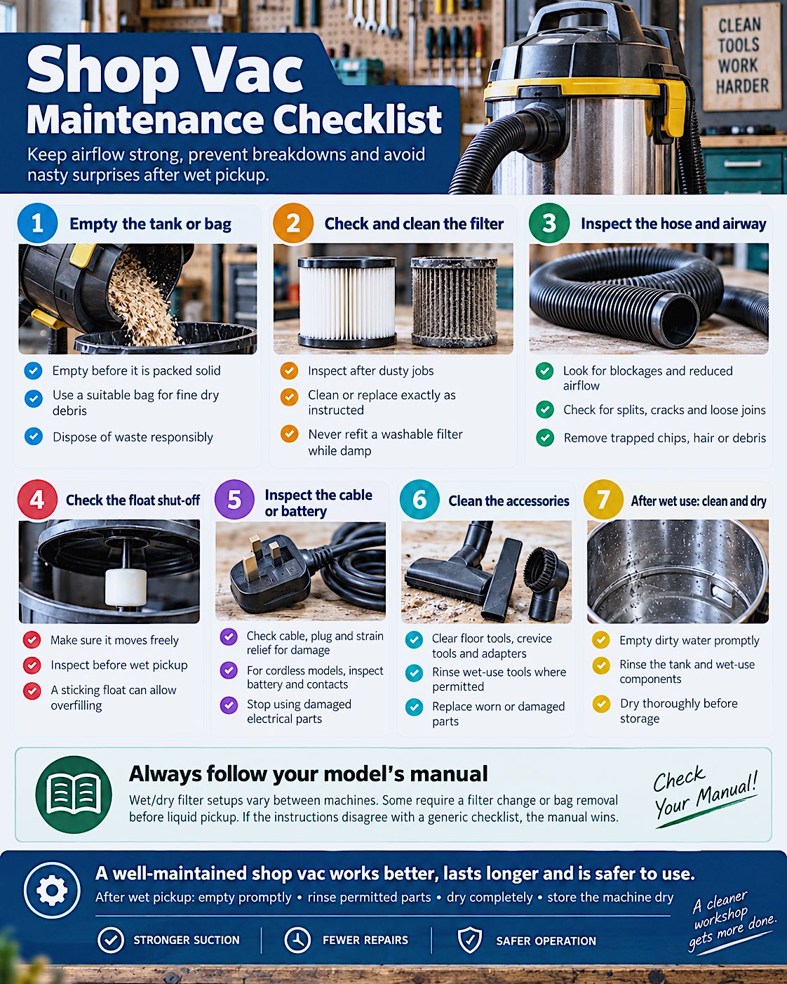 Shop vac maintenance checklist covering tank emptying, filters, hoses, float shut-off, cables, accessories and drying after wet use.
