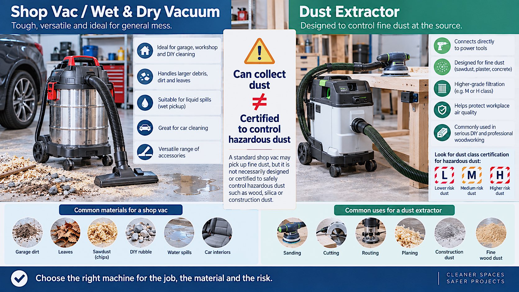 Comparison of a general-purpose wet and dry shop vac with an M or H class dust extractor for fine and hazardous dust.