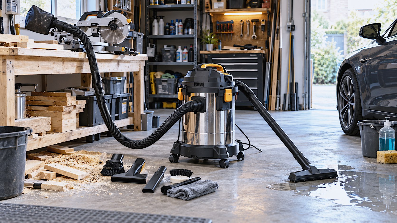 Wet and dry shop vacuum in a garage workshop with DIY debris, car cleaning tools and a small liquid spill.