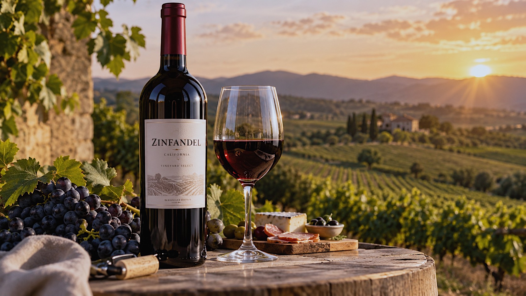 a bottle of zinfandel on a table with a filled glass next to it, surrounded by scenery evoking its natural growing habitat. 16:9, stock photo